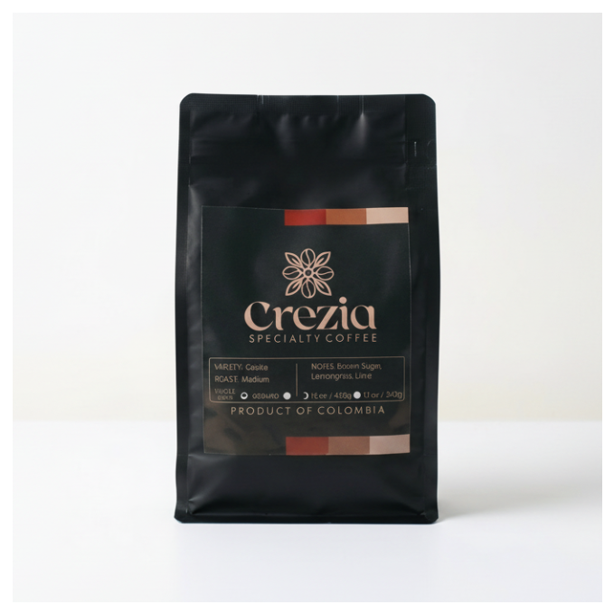 Black coffee bag with Crezia Specialty Coffee branding on a white background